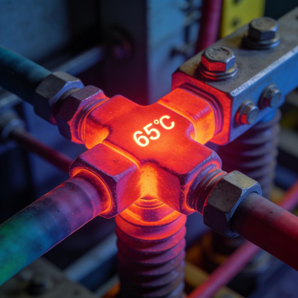 熱成像圖清晰呈現(xiàn)母線接頭的溫度場(chǎng)，紅色區(qū)域?yàn)檫^熱部位，標(biāo)注溫度為 65℃，精準(zhǔn)定位螺栓松動(dòng)導(dǎo)致的局部過熱故障點(diǎn)。